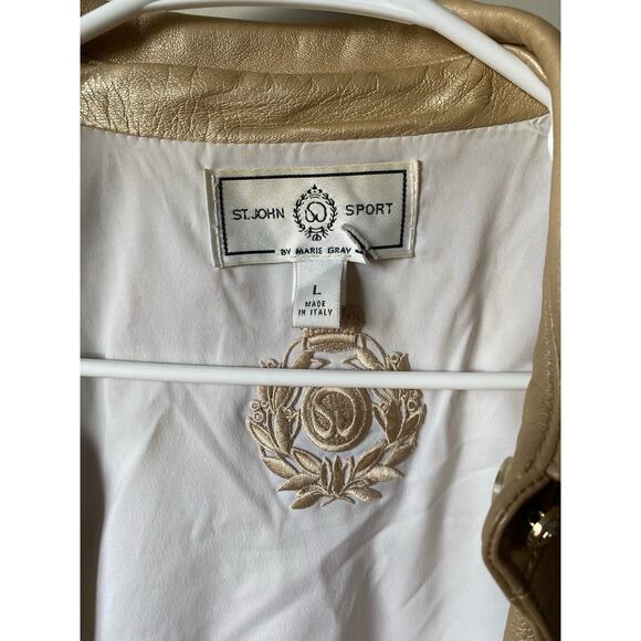 St. John Sport Button Up Gold Metallic 100% Italian Leather Jacket- Size Large - Picture 5 of 16
